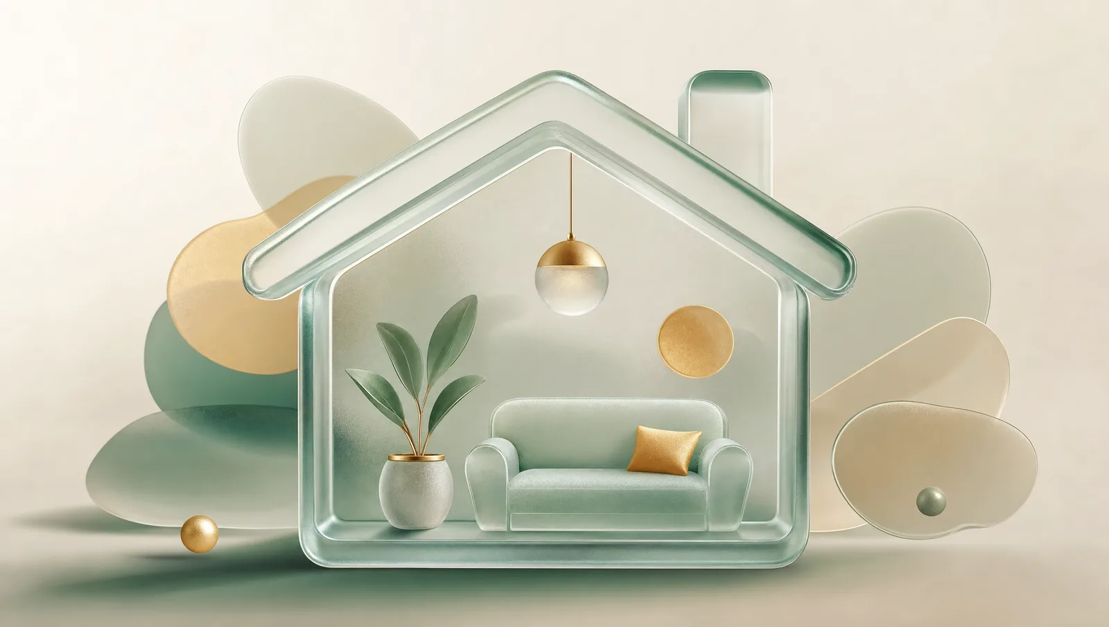 Glaskunst der illustrerer indboforsikring – et hus og en sofa i frostet glas